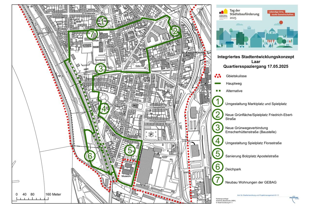 Lageplan mit geplanter Route für den Quartiersspaziergang