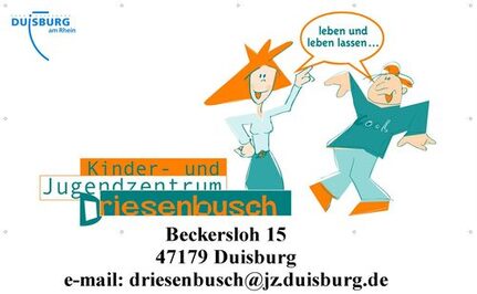 Loho ("Leben und Leben lassen" Kinder- und Jugendzentrum Driesenbusch (zwei tanzende Comicfiguren, Junge und Mädchen)