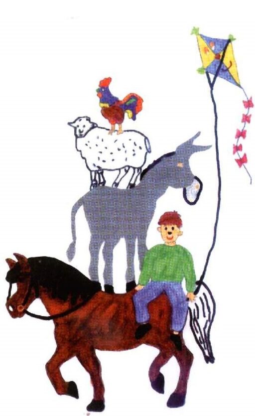 Logo: Hahn auf Schaf auf Esel auf Pferd. Ein Junge, ebenso auf dem Pferd mit einem Drachen in der Hand