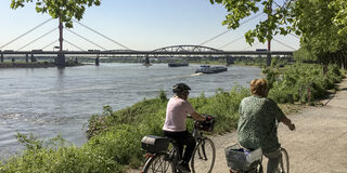 Älterer Mann und ältere Frau fahren mit dem Fahrrad am Rhein entlang