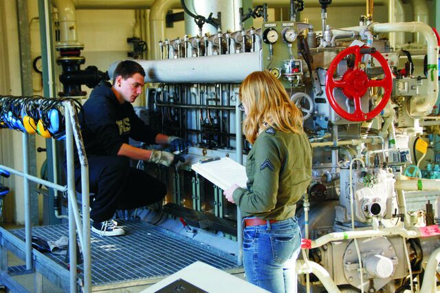 Binnenschiffer beim Motorencheck