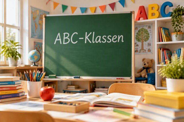 Schulklasse mit Tafel, auf der ABC-Klassen steht
