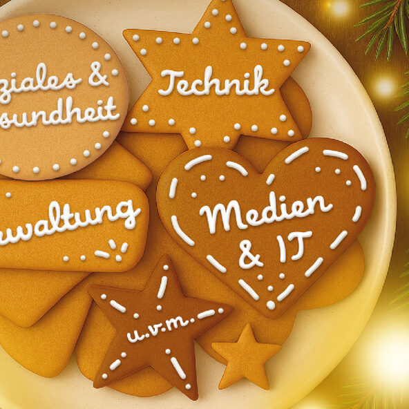 Ein Plätzchenteller mit Berufsbezeichnungen: Soziales und Gesundheit, Technik, Verwaltung, Medien & IT, uvm.