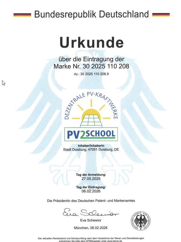 Urkunde PV2School als Wort- und Bildmarke