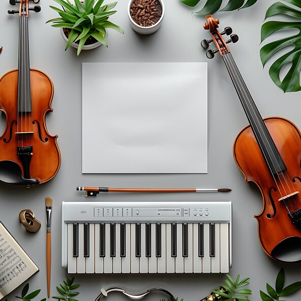 A creative setup with a guitar, violin, and piano keys surrounded by sheet music and art tools, a clear lower banner area for text, perfect for promoting school music and arts events --ar 16:9 --v 6.