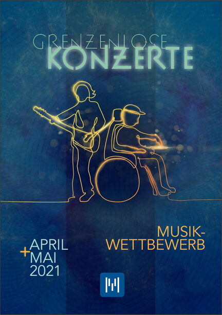 Deckblatt Flyer, eine stehende Person und eine Person im Rollstuhl spielen auf Instrumenten