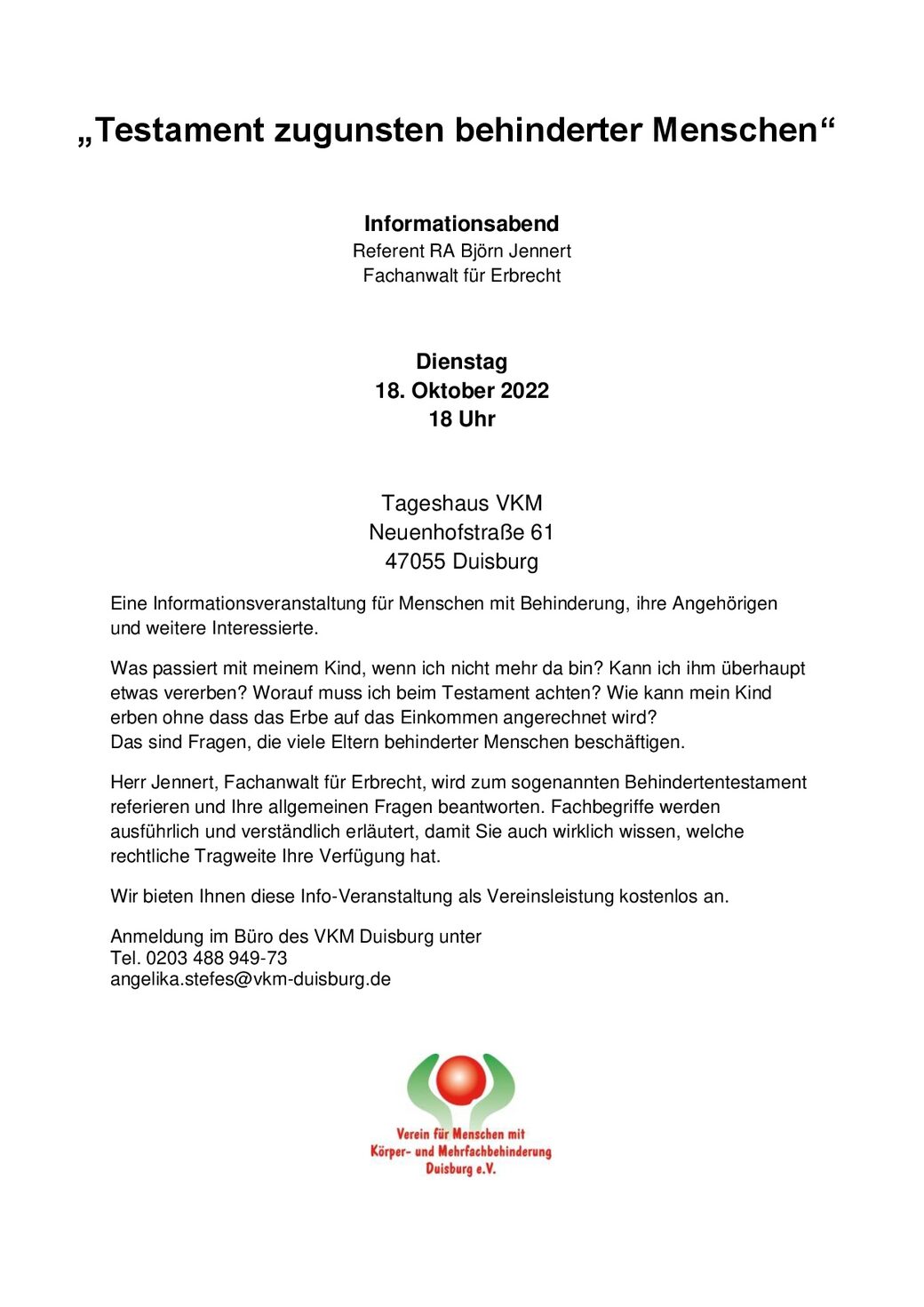 Einladung Infoabend Testament zugunsten behinderter Menschen