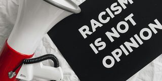 Megafon mit Schildern "Racism is not opinion"