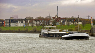 Binnenschiff "Mergus" auf dem Rhein vor der Einfahrt in den Ruhrorter Hafen. Im Hintergrund der Ortsteil Laar