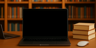 Ein Laptop vor einem Bücherregal