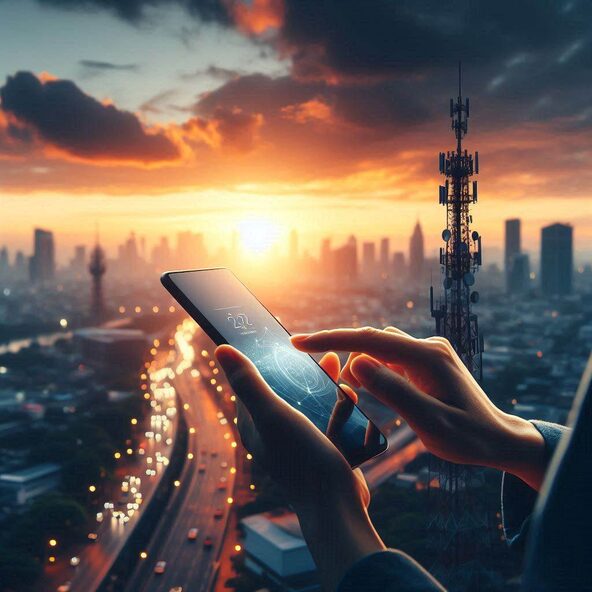 Im Hintergrund: große Stadt mit Mobilfunkmast. Im Vordergrund Person mit Handy in der Hand