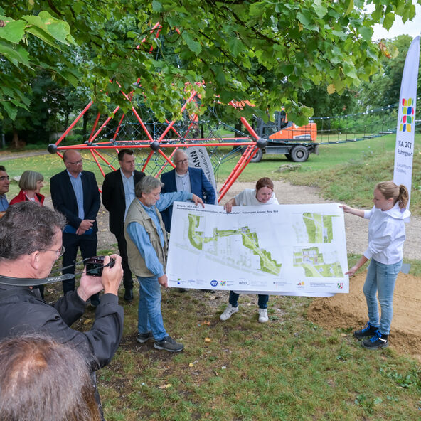Menschengruppe hält einen Stadtplan in die Höhe