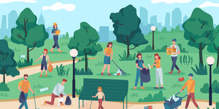 People cleaning park. Community team collecting rubbish from nature. Vector ecology volunteers protect environment from pollution