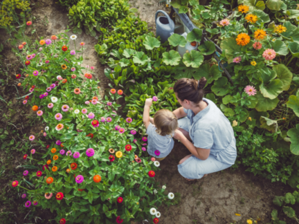 Person mit Kleinkind im Garten
