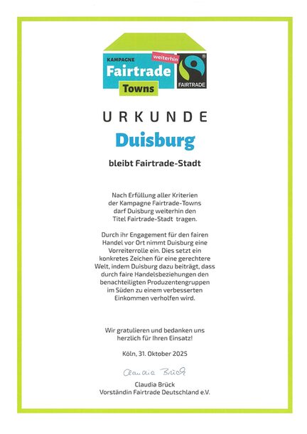 Titelerneuerung Fairtrade-Stadt Duisburg