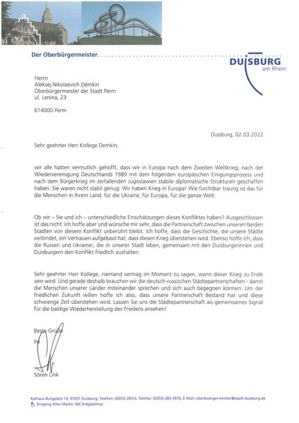 Brief an die Stadt Perm vom 04.März 2022