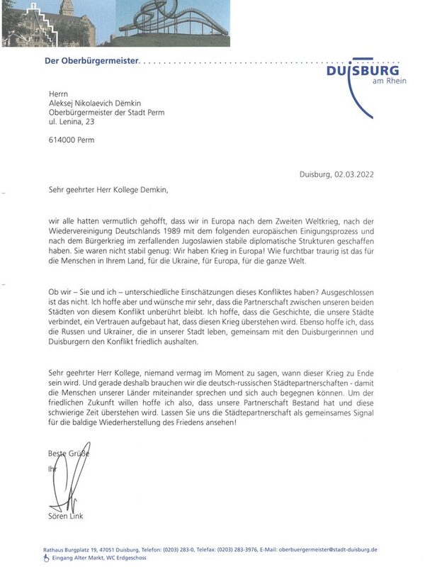 Brief an die Stadt Perm vom 04.März 2022