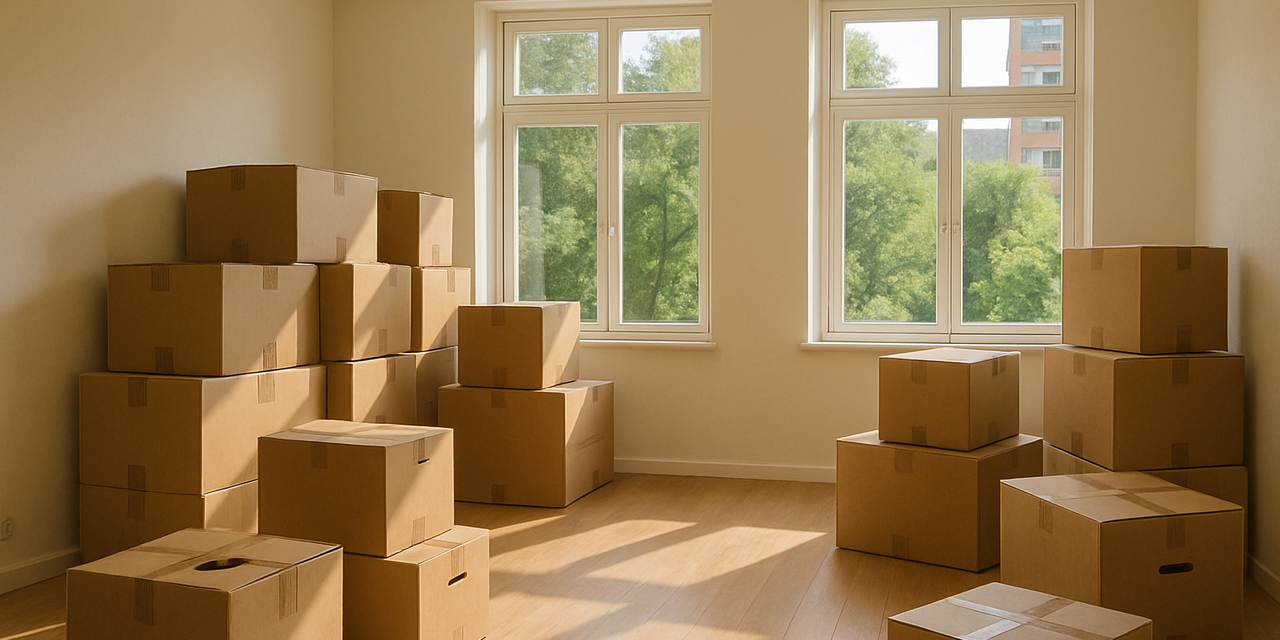 Eine leere Wohnung mit Umzugskartons. Durch die Fenster scheint die Sonne, man sieht viel Grün.