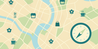 Illustrierte Stadtkarte mit Fluss, Grünflächen und kleinen Symbolen für Einkauf, Gastronomie und Freizeit mit einem Kompass unten rechts