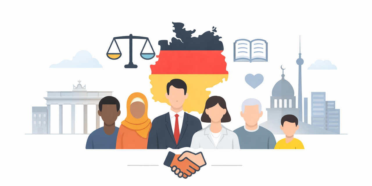 Mehrere Menschen unterschiedlicher Herkunft vor einer Landkarte Deutschlands in den Farben der deutschen Flagge. Daneben eine Moschee, eine Waage und das Brandenburger Tor. Unterschrift: Ausschuss für Chancengerechtigkeit und Integration