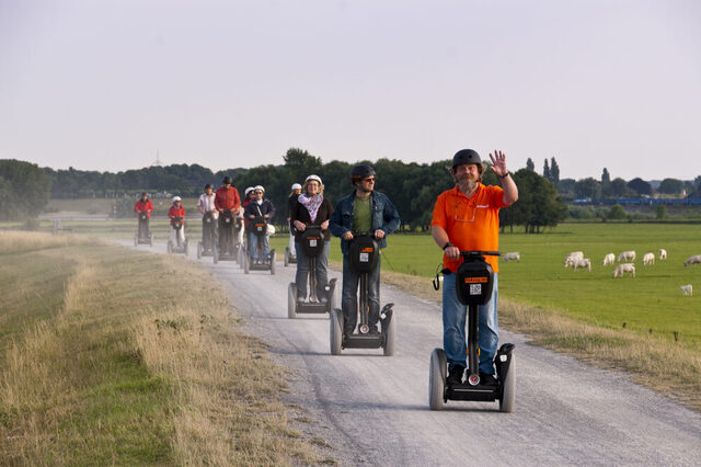 Segway-Fahrer erkunden die Rheinaue in Walsum
